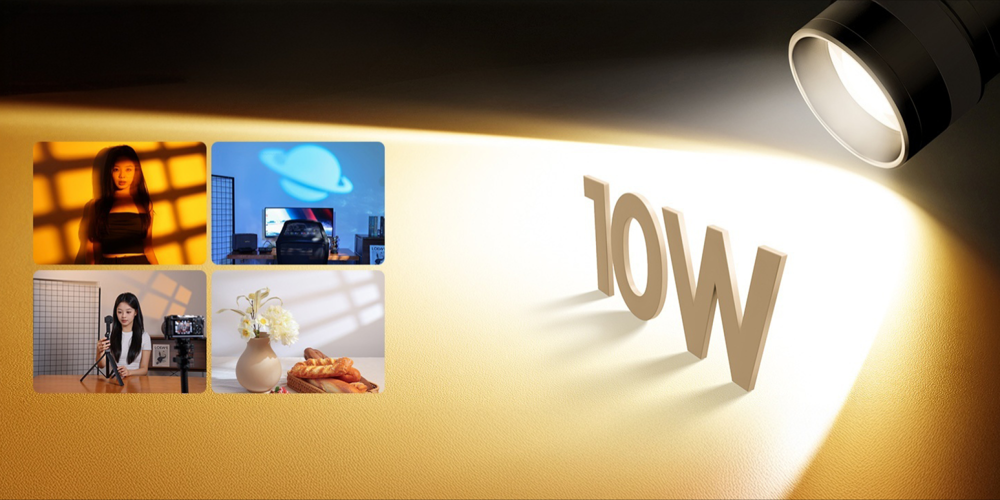 Lampa LED Ulanzi LM01 - RGB, WB (5600 K) informacja o 10 W mocy oraz 4 zdjęcia prezentujące jej możliwości